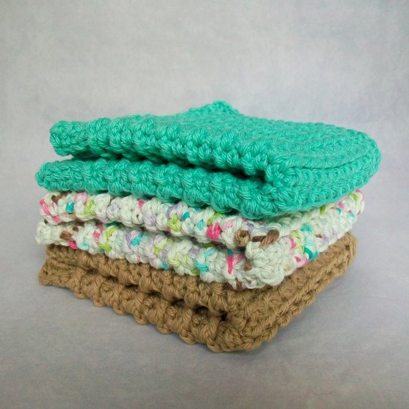 Handmade Knit Large Cotton Wash Spa Dish Cloths Brown Turquoise Set of 3 - Picture 2 of 6